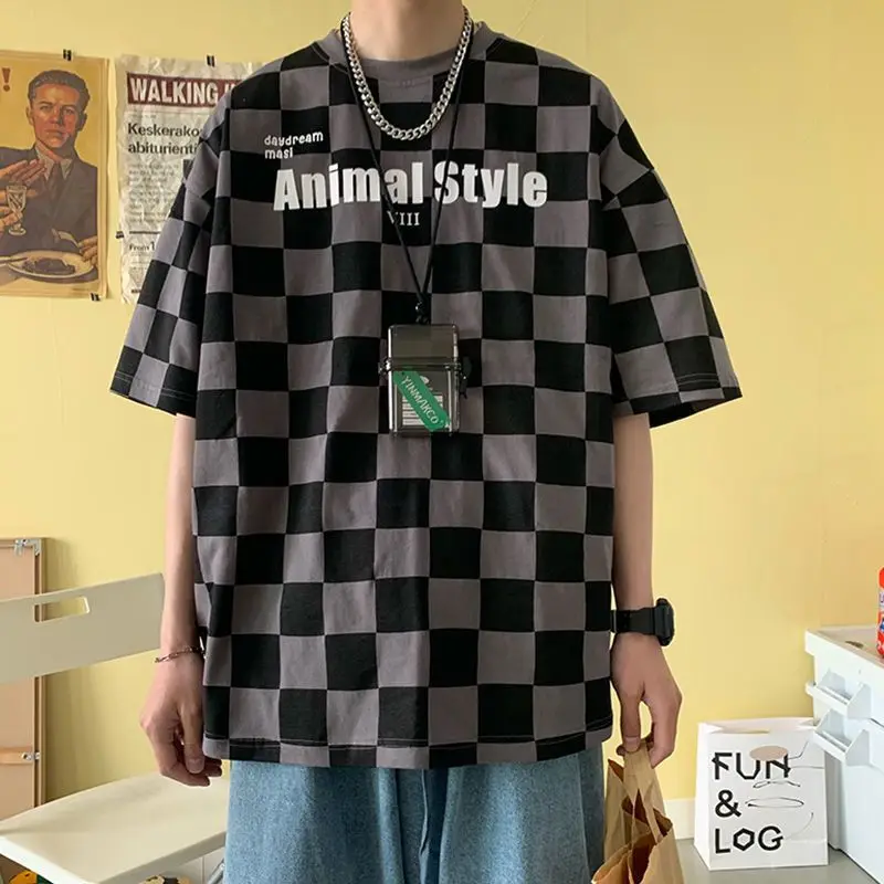 

Cotton short-sleeved T-shirt men women Korean trend handsome all-match color matching checkerboard letter printing unisex shirt