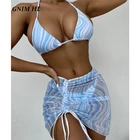 Сексуальный треугольный купальник GNIM, женское бикини из трех частей в полоску, лето 2021, накидка на шнуровке, пляжная одежда, купальник, женское бикини