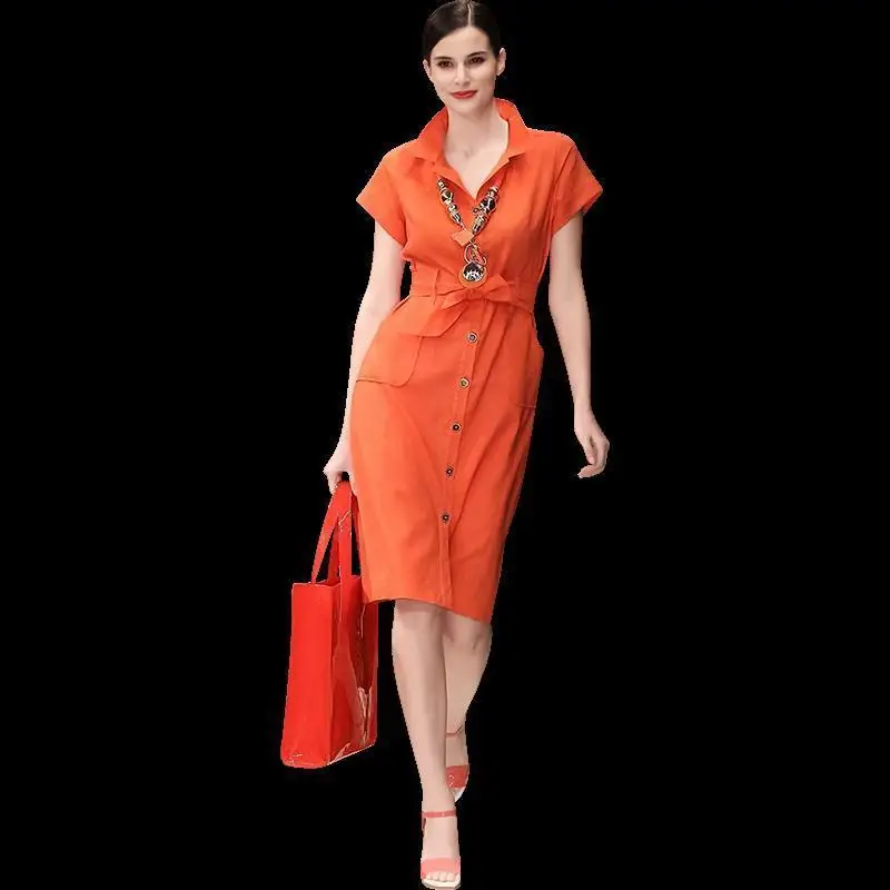 

Short sleeve orange slim shirt skirt temperament 2021 summer new waist slim light mature fashion dress