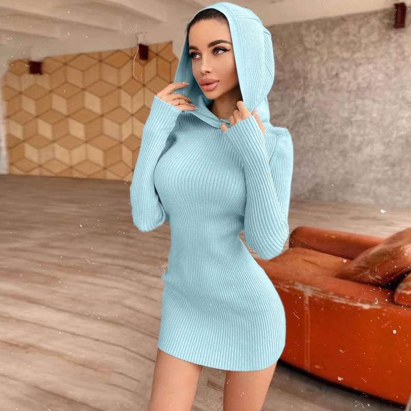 

2021 Women Sexy Wrapped Dress Long Sleeve Hooded Knitting Solid Color Bodycon Mini Dress Casual Street Sweater Dress
