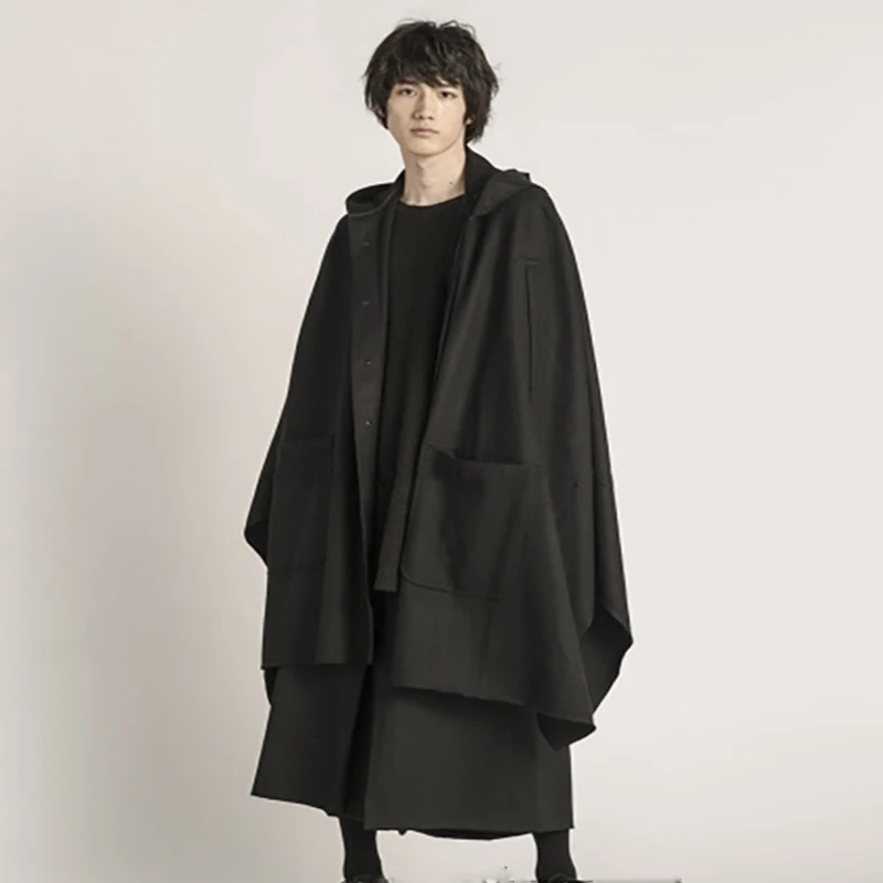 Men's Casual Personalized Wool Coat New Autumn And Winter Tide Cloak Long Loose Hooded Bucket Awning European American | Мужская