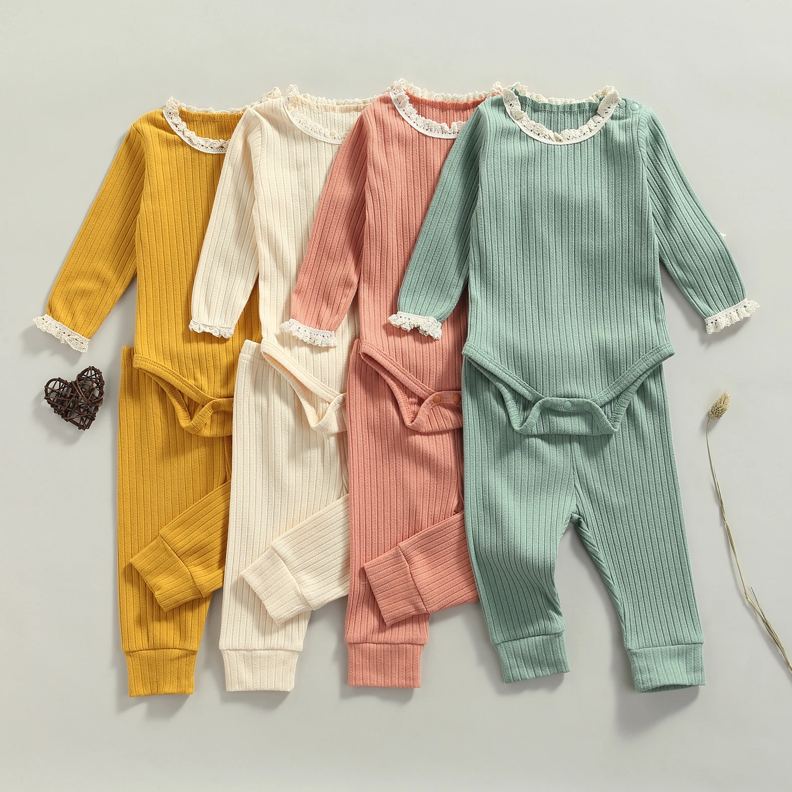 

2 Pieces Baby Suit Set Lace Trim O-Neck Long Sleeve Romper Solid Color Trousers for Kids 0-24 Months