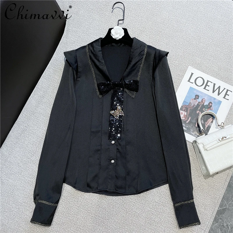 

2021 Autumn Winter Retro French Rhinestone Bow Corsage Sexy Slimming V-neck Long Sleeve Chiffon Shirt