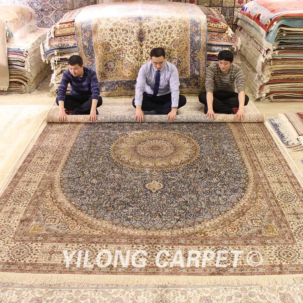 YILONG 9 'x 12' Классический шелковый коврик в персидском стиле синий Медальон