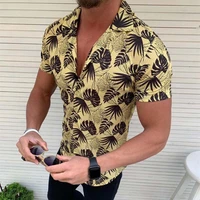 summer hawaiian black leaves printed mens shirt casual single breasted men vacation short sleeve shirt blouses camisa de hombre