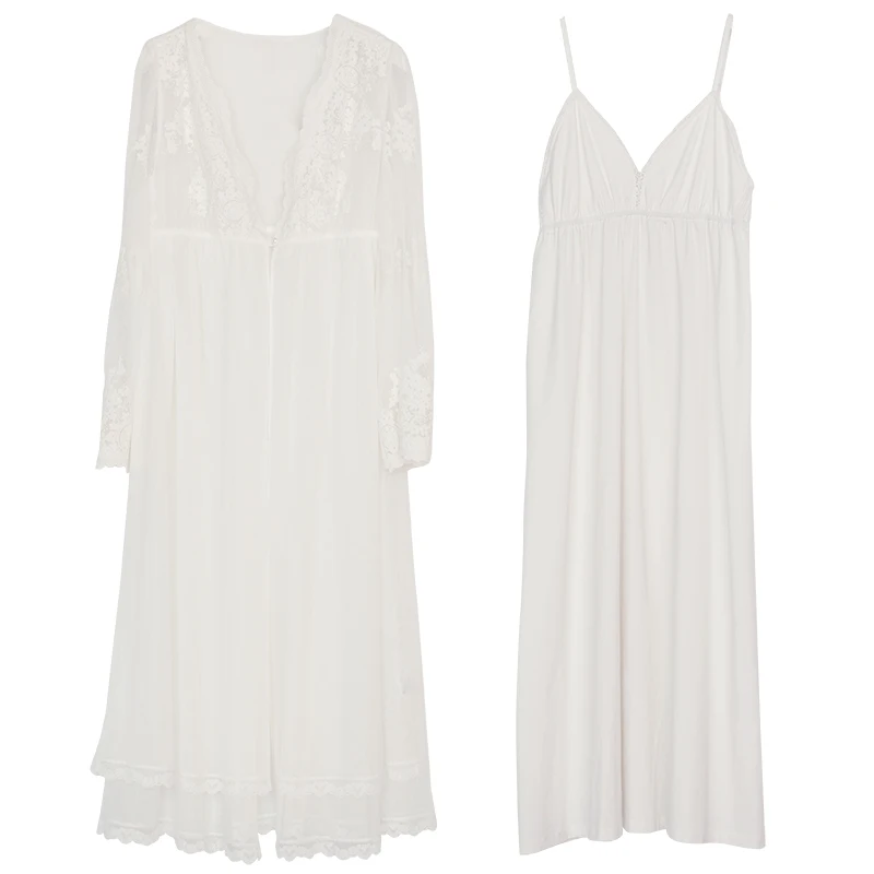 

2021 Spring and Autumn New Nightgown Lace Mesh Embroidered Shawl Two-Piece Set Long Sleeve Nightdress Sexy Sleeping Robe