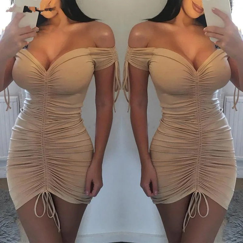 

Summer Sexy Dress Femme Women's Bandage Solid Off Shoulder Skinny Bodycon Slim Club Party Elegant Vestido Mini Dress