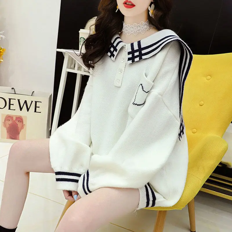 

DAYIFUN Sweater Oversize Solid Sailor Collar Pullover Knitted Korean Fashion Jumper Preppy Loose Sweet Warm Lazy Style Knitwear