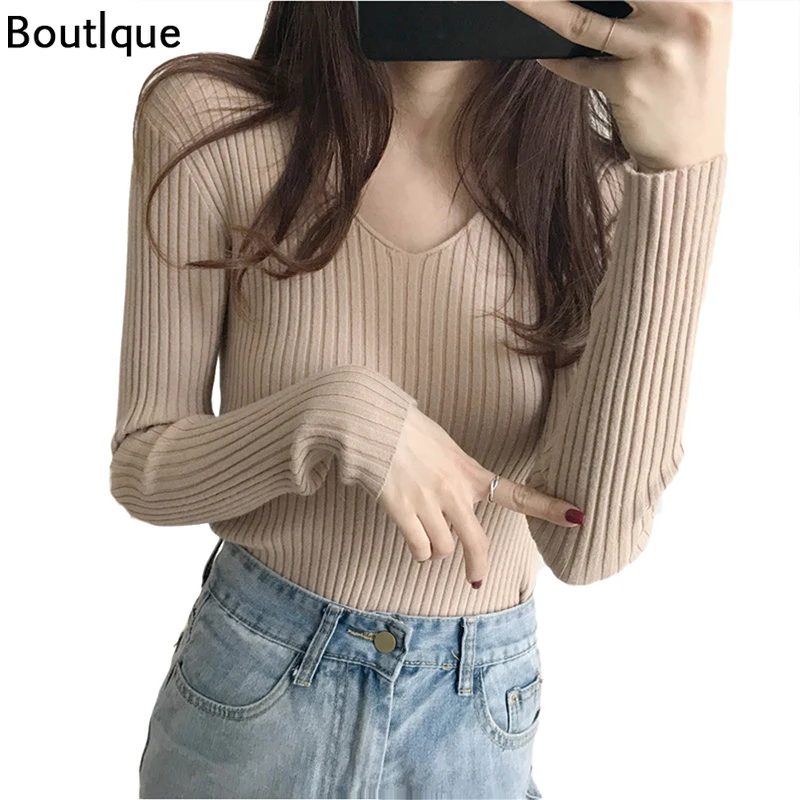 

Женский трикотажный свитер с V-образным вырезом и длинным рукавом