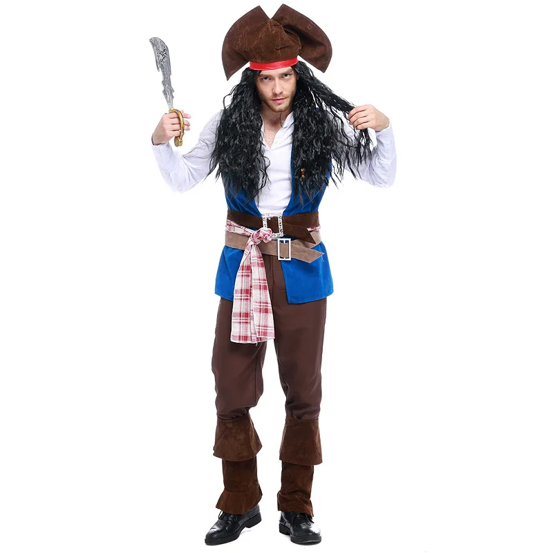 

Caribbean Captain Pirate Jack Sparrow Adult Fancy Dress Ahoy Matey Halloween Cosplay Costume Men Carnival Party Stage Wear