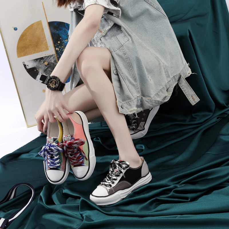 

Designer Multicolor Canvas Shoes Women Sneakers Dissolve Sole Woman Platform Casual Shoes Lace Up Thick Bottom Sport Shoes Girls