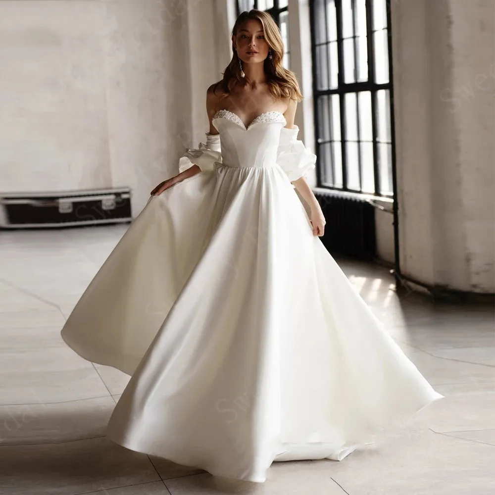 

Puff Long Sleeves Satin Beach Wedding Dresses Boho Pearls Beach Lacing Back Bride Dress A-Line Princess Party Gowns Plus Size