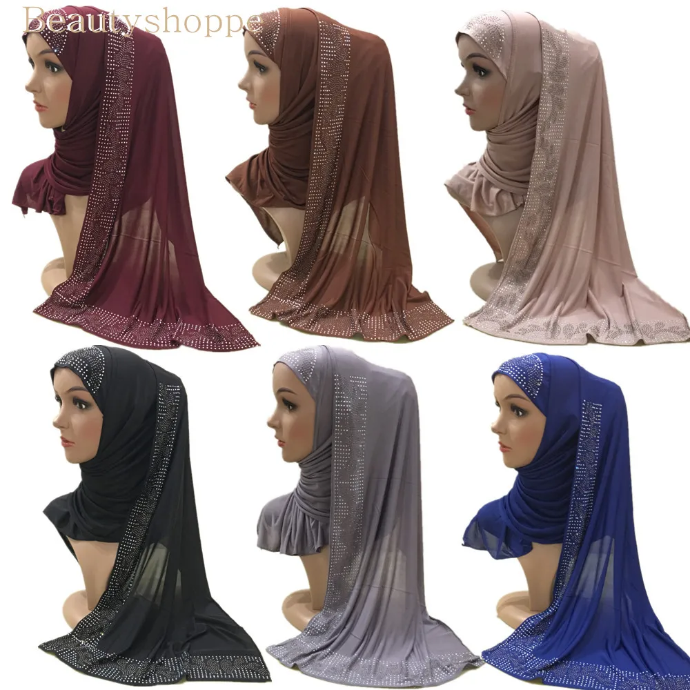 12 Цветов одна петля Щепка Стразы полиэстер Hijab шарф Мусульманский Исламский головной Обёрточная Бумага Обложка Одноцветный шарф