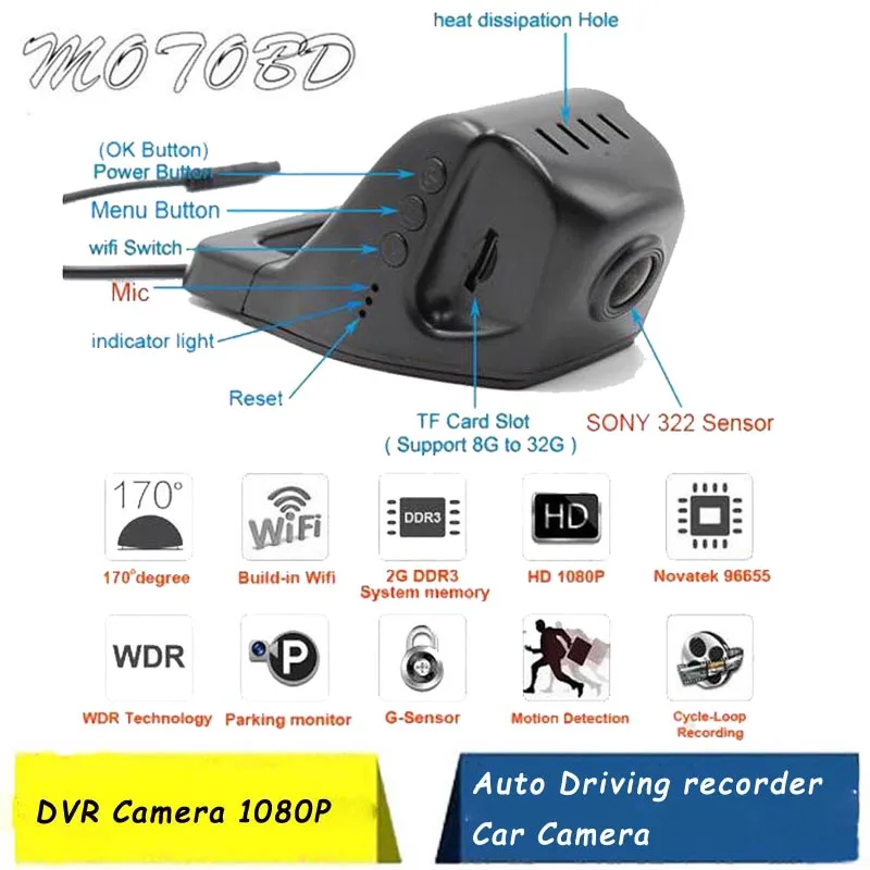 170 градусов Wifi Автомобильный видеорегистратор видеокамера 1080P ночная версия для
