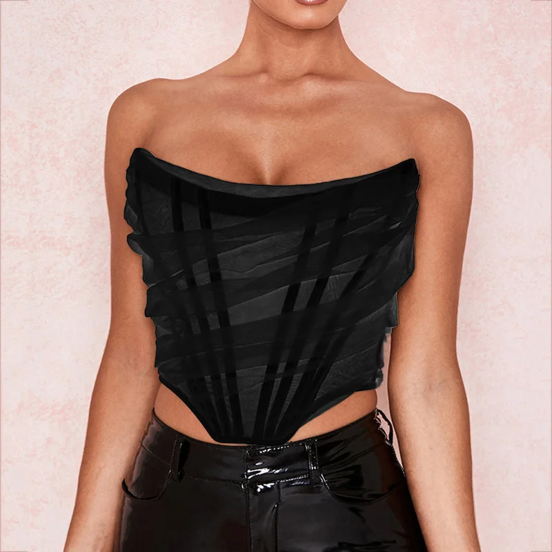 Women's Summer Vintage Strapless Open Back Boned Female Mesh Backless Bustier Zipper Back Corset Body Shaper Femme Crop Top