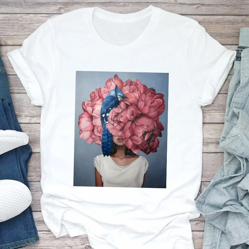 

Fashion Round Neck Short Sleeve Casual Tops T-shirt New Women Harajuku White Tshirt Vintage Flowers Feather Printing T Shirt
