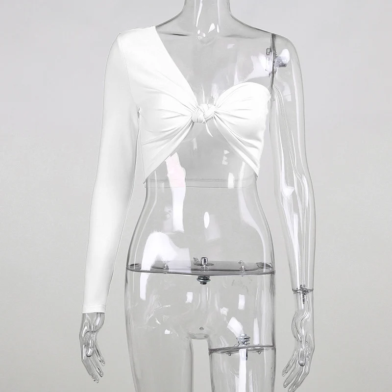 

Summer Fashion Slim Cute Sexy Solid Color Long Sleeve One Shoulder Tee SML Woman Casual Short Asymmetrical T-Shirt Lady Crop Top