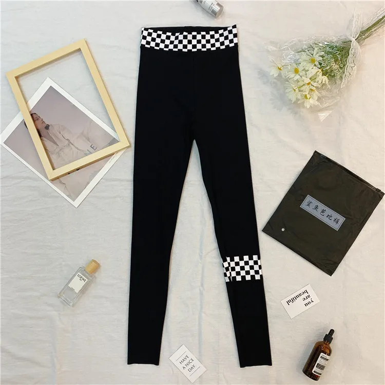 

High Waist Shark Skin Plaid Bottoms Wearing Tight 9-point Pants and Small Leg Pants Female Autumn Leggings