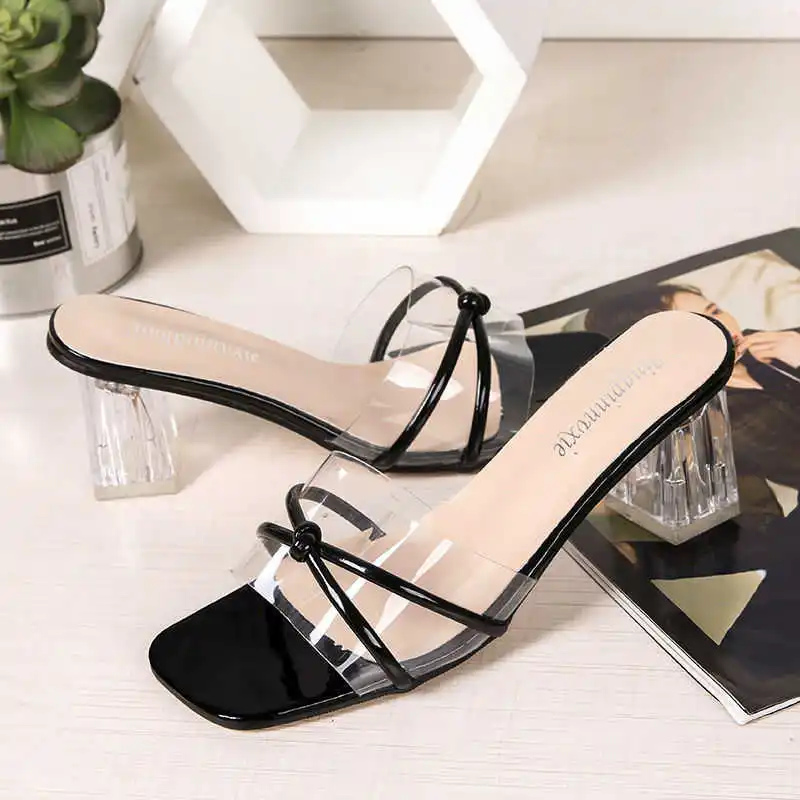 

sandals thick with transparent crystal heel women's shoes