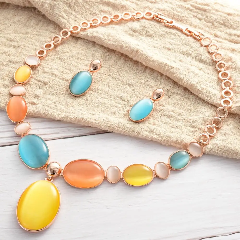 

Viennois Jewelry Sets for Women Colorful Oval Opal Necklace Dangle Drop Earrings Luxury Wedding Jewelry Set Fashion Jewelry Gift