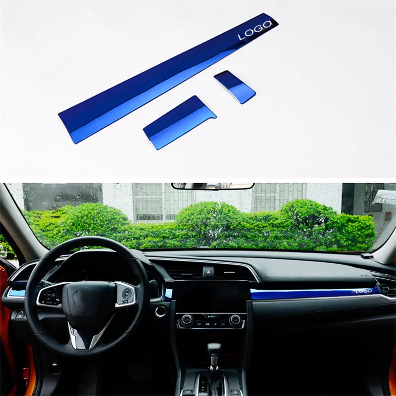 

For Honda Civic 2016-2017 3Pcs Stainless Steel Color Car Interior Front Center Control Dashboard Stripe Cover Trim