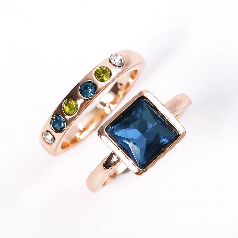 

2 PCS/Set Rose Gold Color Blue Crystal Square Hole Women's Ring Set For Party Wedding Accessories Ring Jewelry 2020 BAOSHINA