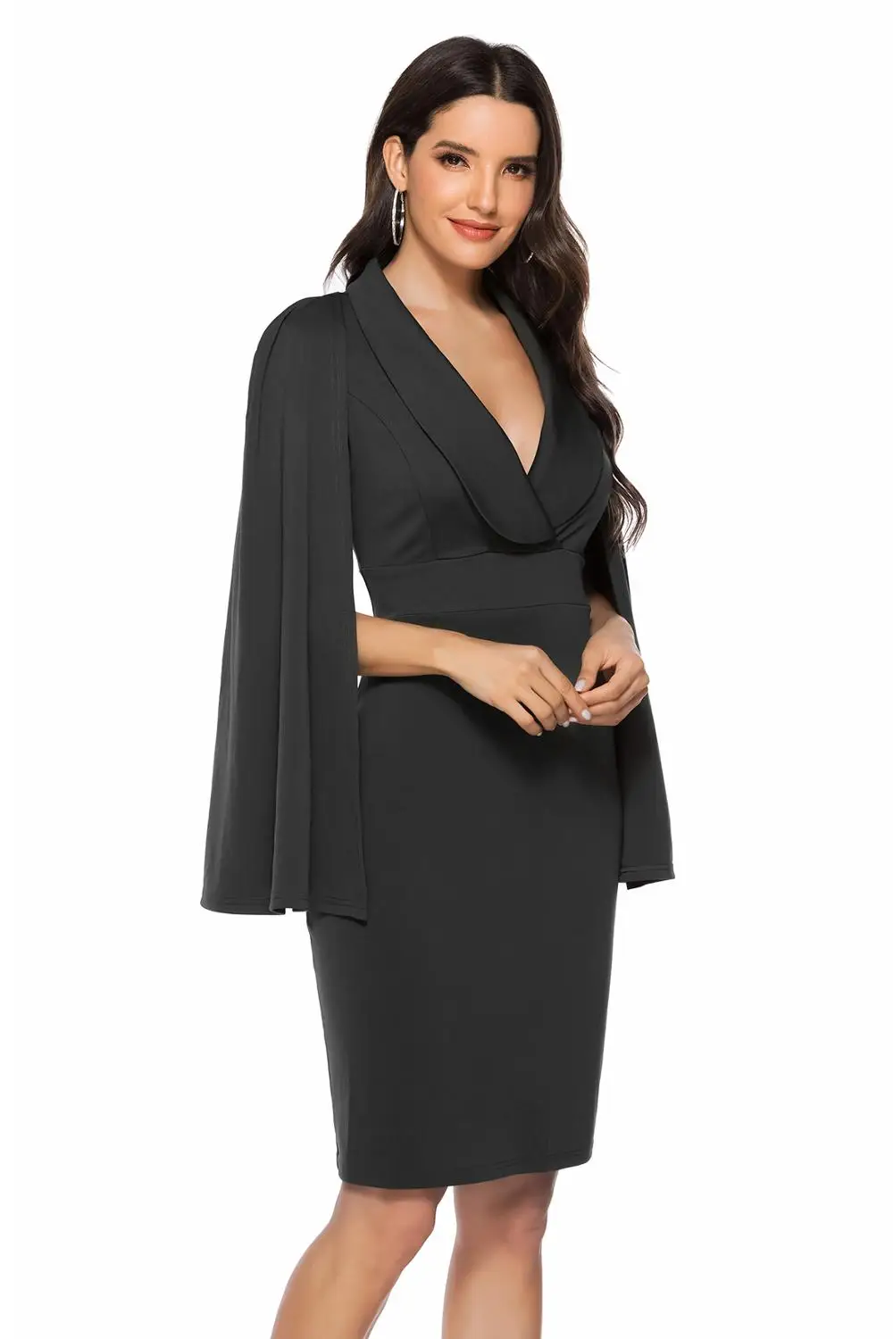 EC. MS накидка рукав Глубокий V образным вырезом шаль с воротником разрезом подол