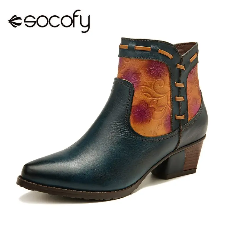 SOCOFY/женские ковбойские ботинки; zapatillas mujer; ботинки из натуральной кожи на низком каблуке в западном стиле с тиснением; женская обувь;