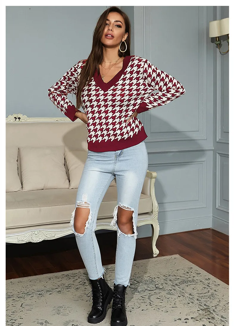 Повседневный женский свободный пуловер вязаный жаккардовый Женский Топ с