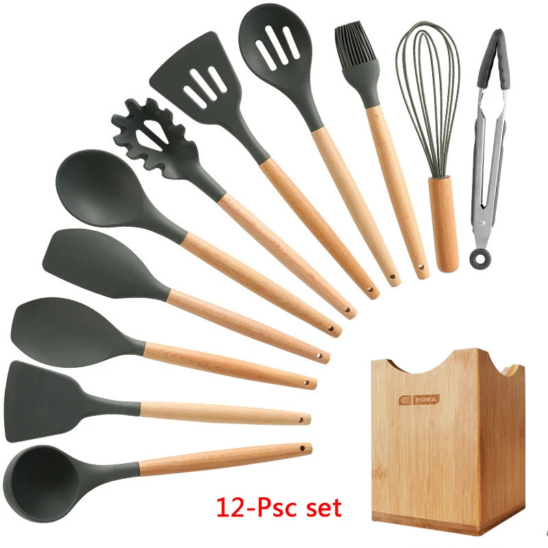 12-Pcs kitchen set 11-13 шт Силиконовая кухонная утварь набор кухонной утвари антипригарный шпатель Премиум деревянная ручка с ящиком для хранения кухонные инструменты - Цвет: 12-Pcs kitchen set