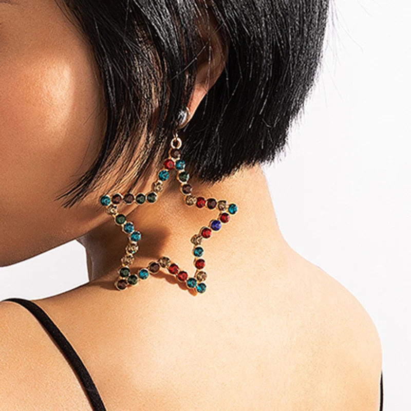 

HuangTang Bohemian Colorful Crystal Star Dangle Drop Earrings for Women Ethnic Hollow Geometric Pearl Earrings Charmings Jewelry