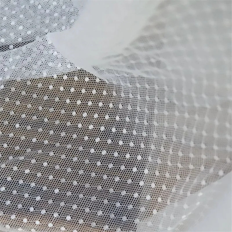 Мягкая сетчатая кружевная ткань в горошек белая Тюлевая для свадебного платья