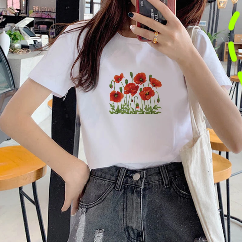 

Flowers Print T shirt Women Fashion Tshirt Harajuku Tops Tee Cute Short Sleeve Animal Tshirt Female Tshirts