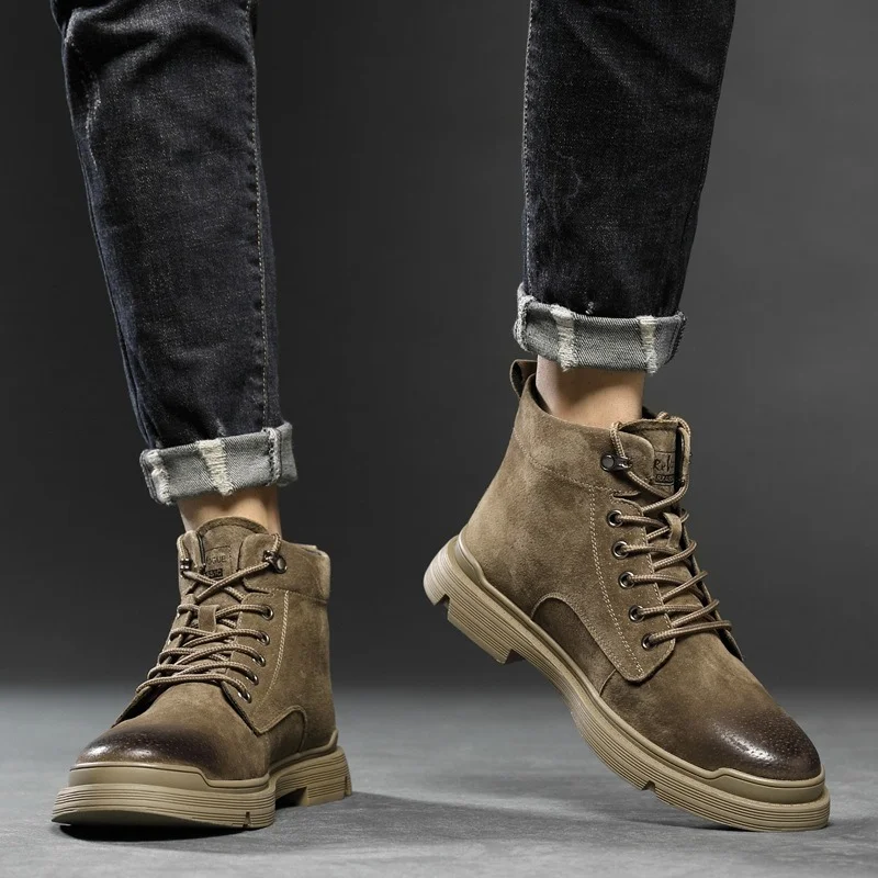 

Winter New Mens High-top Tooling Shoes British Desert Short Boots Men Plush Warm Pigskin Martin Boots Mens Trendy Shoes Spring