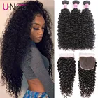 Волосы Unice монгольские кудрявые 23 пряди с закрытием Remy человеческие волосы для наращивания монгольские человеческие волосы 3 пучка с кружевом