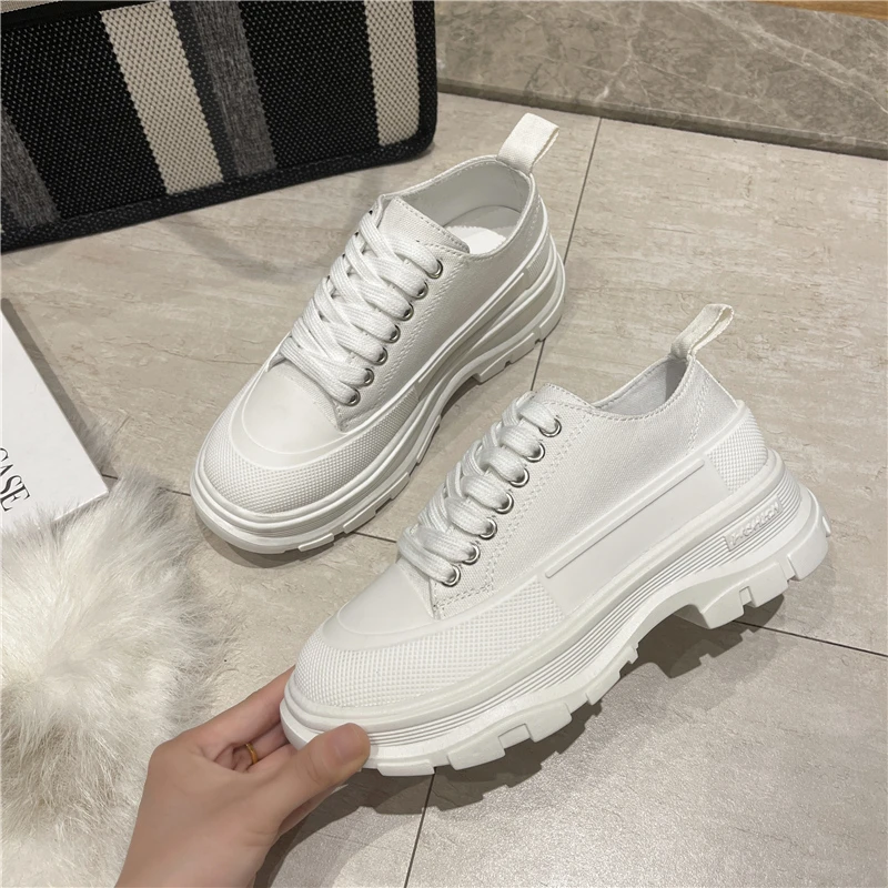 

Luxury Mcqueen Women Canvas Shoes Brand Design Alexander White Chunky Sneakers Vulcanize Shoes Zapatillas Mujer
