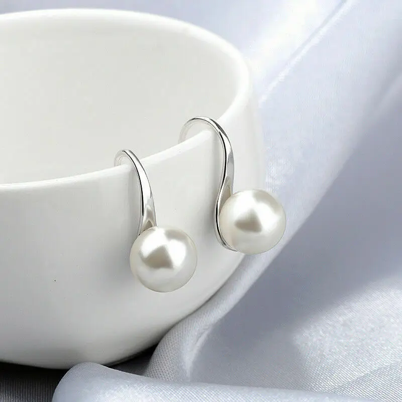 

Pretty New Silver Plated Round White South Sea Shell Pearl Hook Dangle Earrings