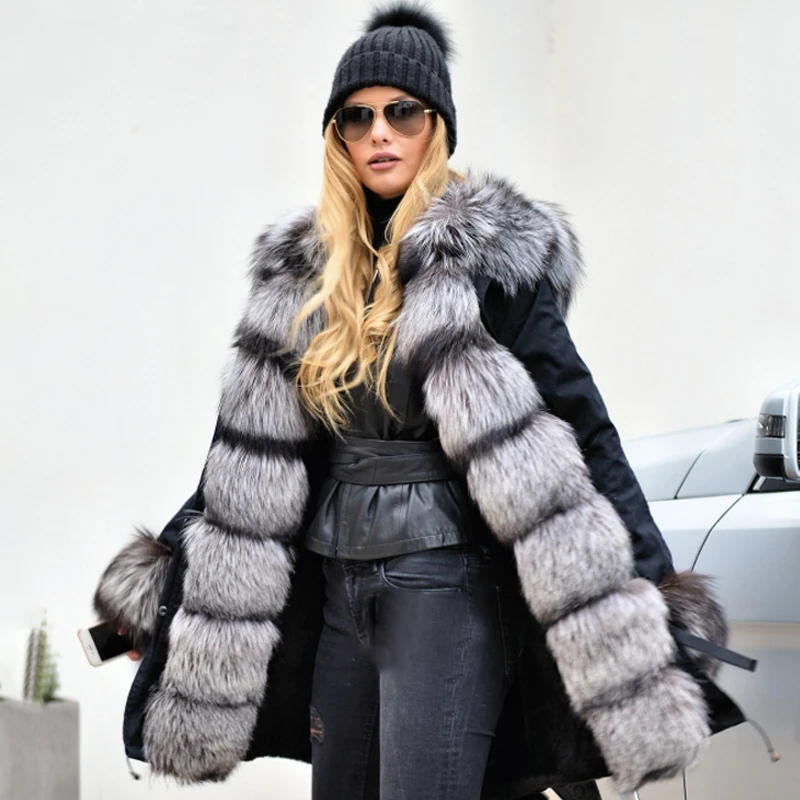 2022 Winter Fashion Silver Fox Fur Parka For Women With Big Hood Thick Warm Genuine Fox Fur Jacket With Rex Rabbit Fur Linning