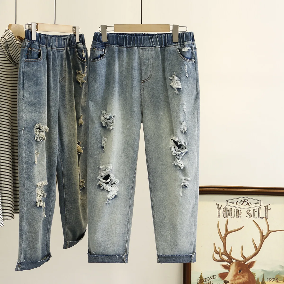 Женские весенние джинсы дамские шаровары женские рваные джинсовые брюки размера