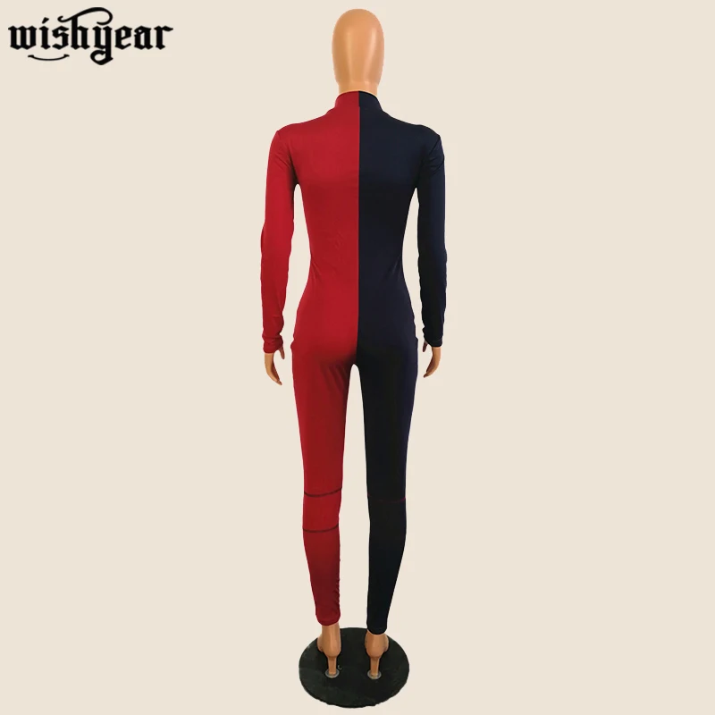 

Stitching Contrast Color Slim Jumpsuits Winter Women O-Neck Full Sleeve Jumpsuits Zipper Skinny Rompers Sexy One Piece Outfits