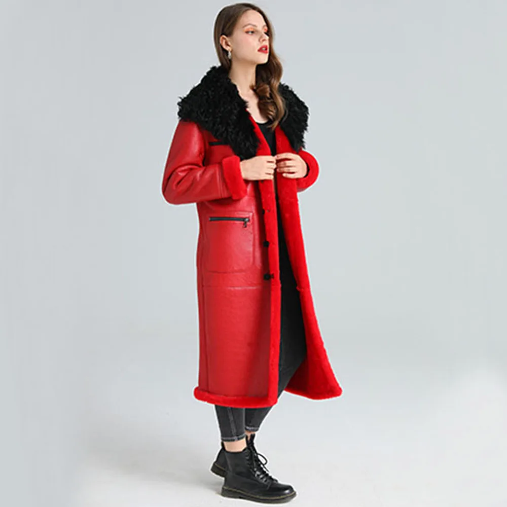 Red Extra Long Real Sheepskin Shearling Fur Coat Women Fashion Winter Thicken Warm Natural Fur Clothing