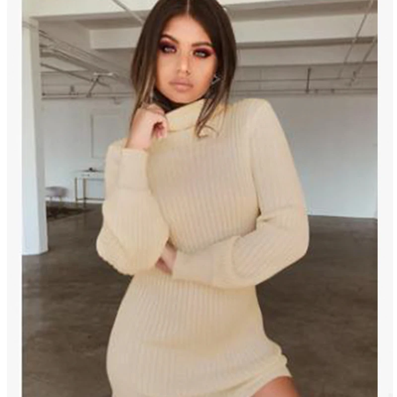 Женские платья сексуальный облегающий свитер с высоким воротником и длинным