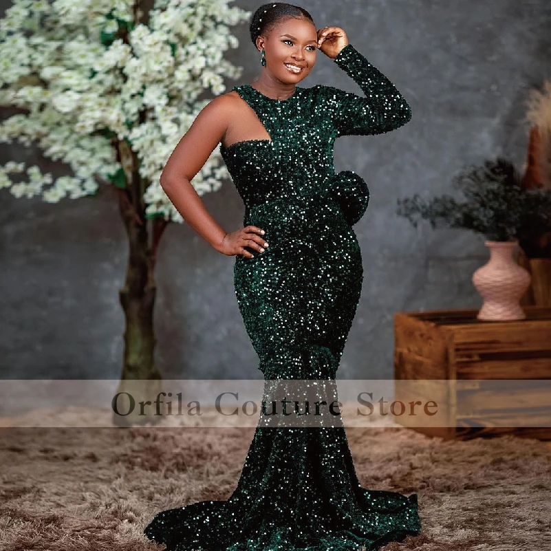 

2021 African Mermaid Prom Party Gowns Sparkly Sequined One Shoulder Long Sleeve Evening Dress Wear
