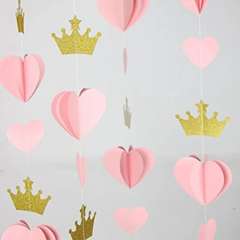 3D Золотой розовый сердце Корона бумага Гарланд принцесса флаги с днем рождения
