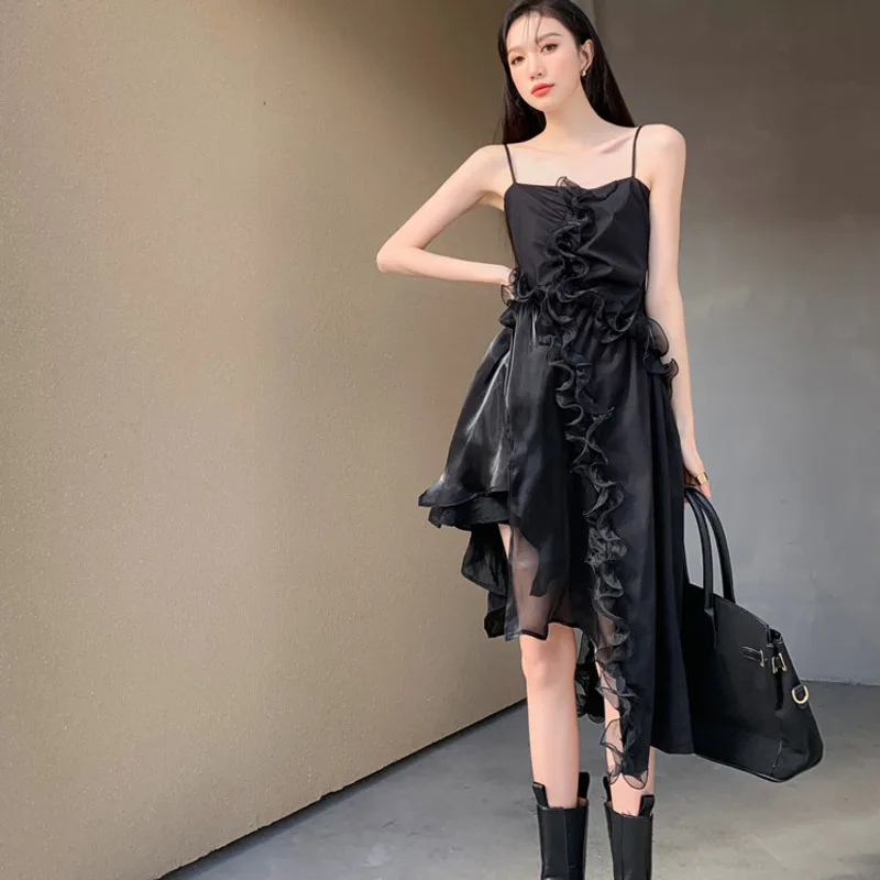 

2021 Spring And Summer New Black Color Asymmetric Multi Layered Lace Stitching Suspender Slim Dress For Women C877