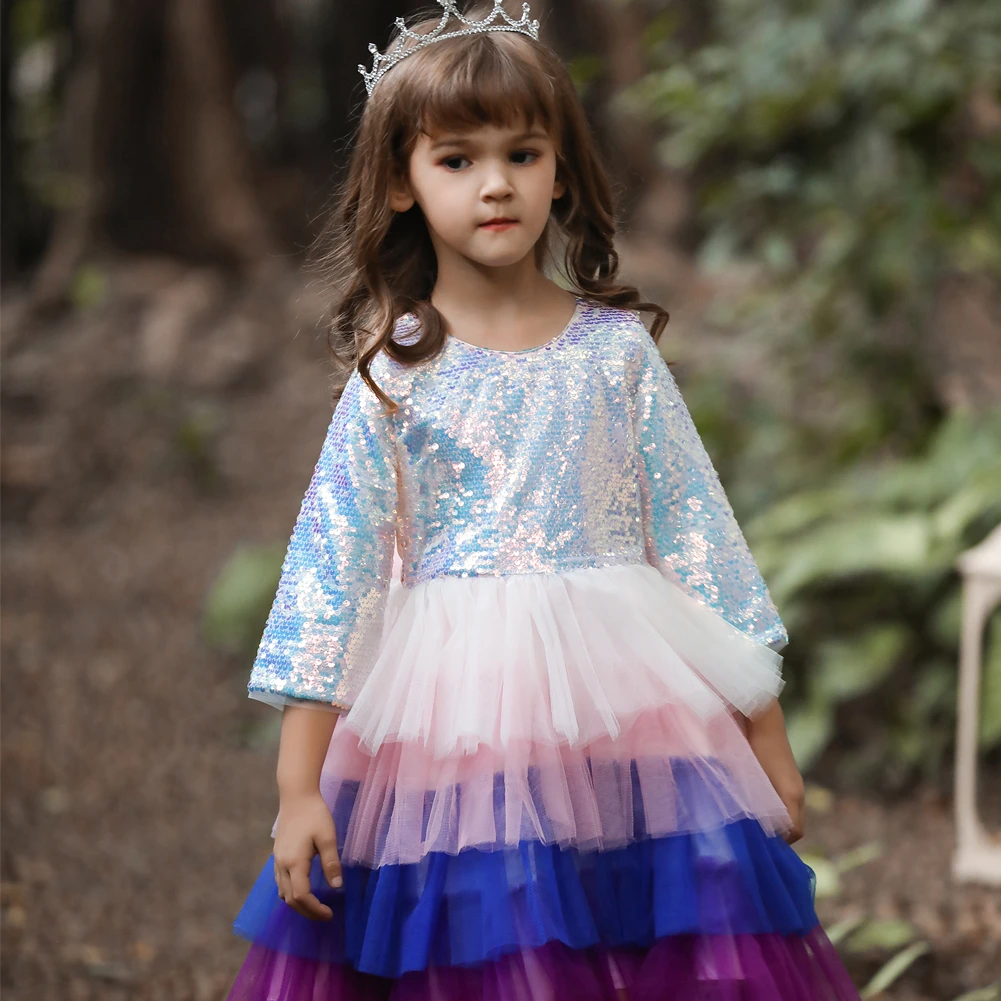 

Благородные платья принцессы с блестками для девочек на день рождения Красочное платье-пачка с рукавом средней длины для девочек и детей ми...