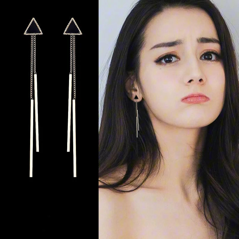 

fashion black Geometric Triangle Long Tassel Bar Drop Earrings For Women Minimalism Personality Ear Line Dangle