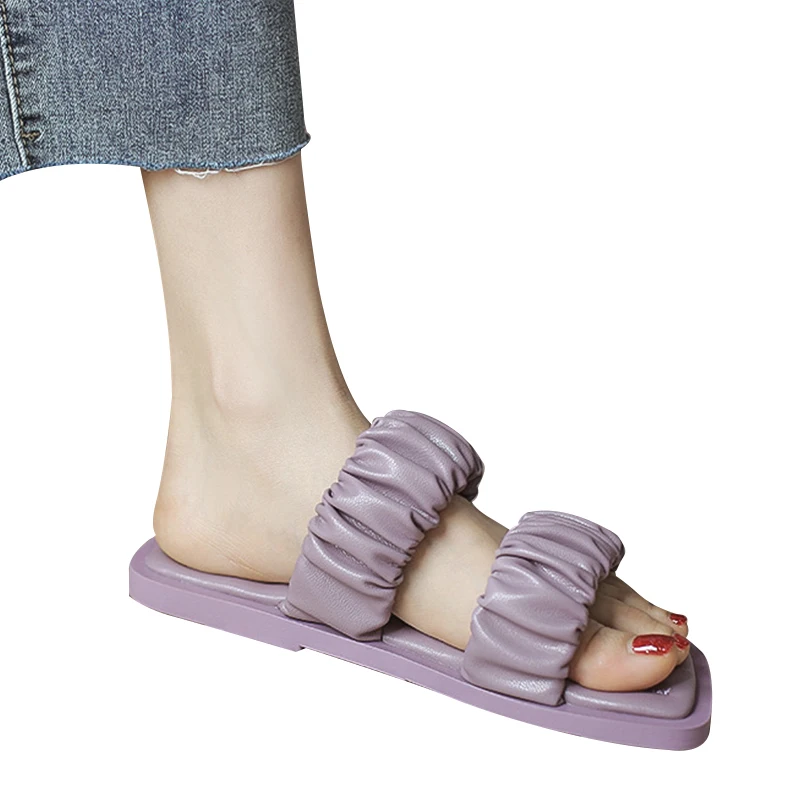 

Fashion Women Slides Pleated Air Cushion Bottom Ladies Flat Shoes Woman Casual Outdoor Slippers Square Toe Female Summer New