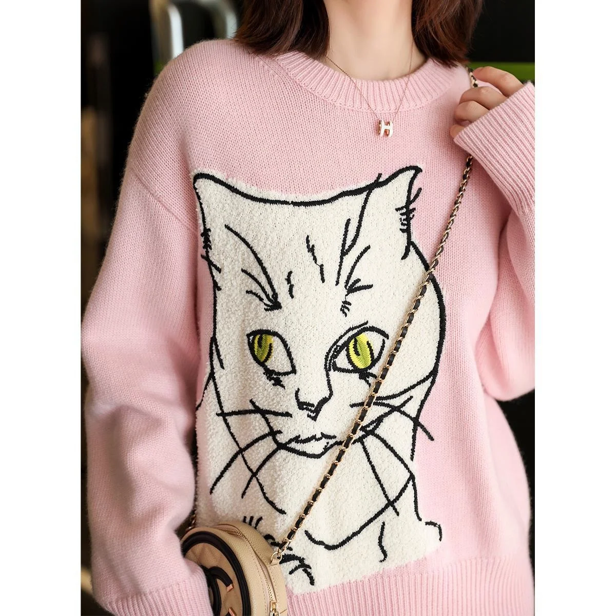 

Energetic youth fashionable round neck versatile cat wool sweater female sweater