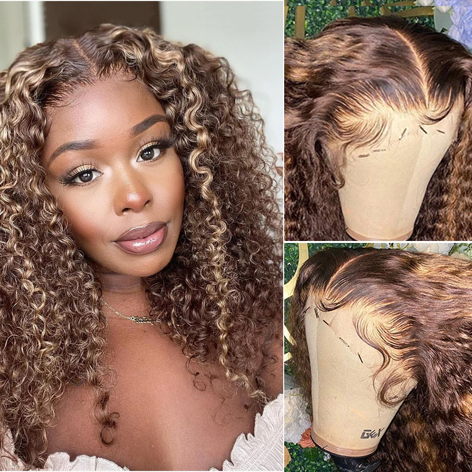 4x4x1 Curly Human Hair Wig Water Wave for Women Brazilian Lace Front Short Bob Highlight Hd Transparent Deep Wave Frontal Wig